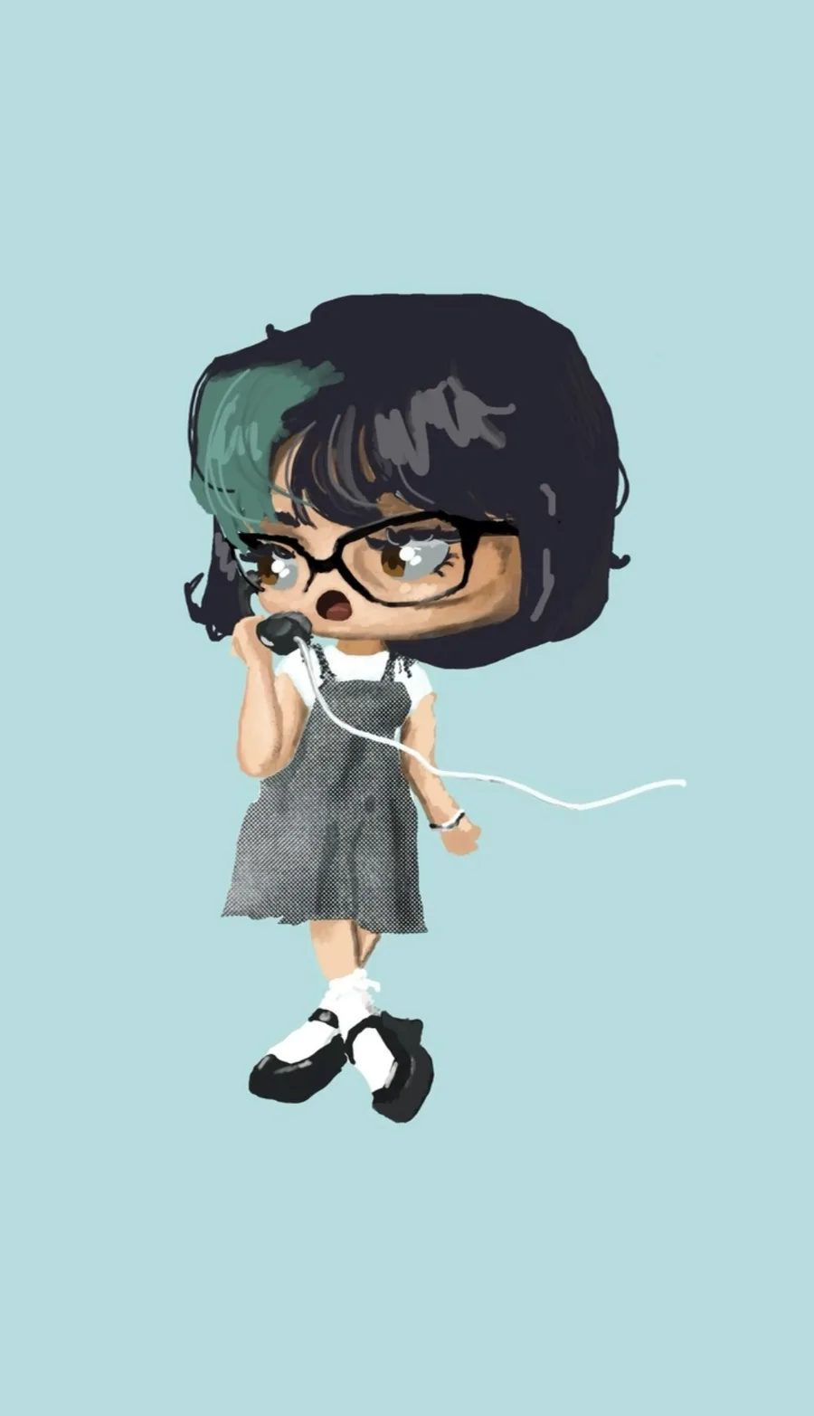 Illustration of Cece: a girl with a dark bob and glasses, talking on a vintage telephone.