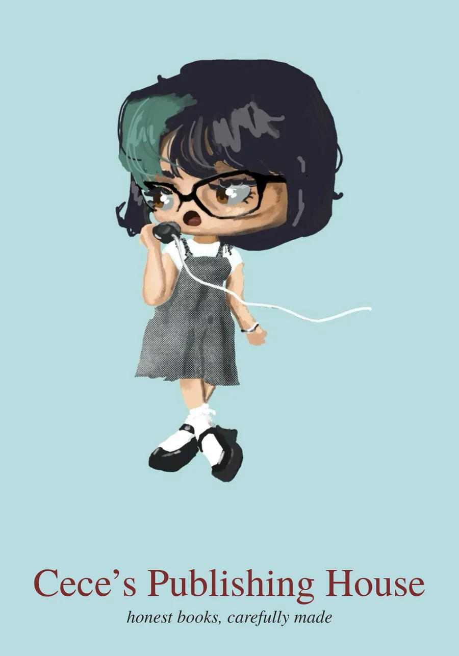 Cece’s Publishing House — honest books, carefully made. The Cece character talking on a vintage telephone.