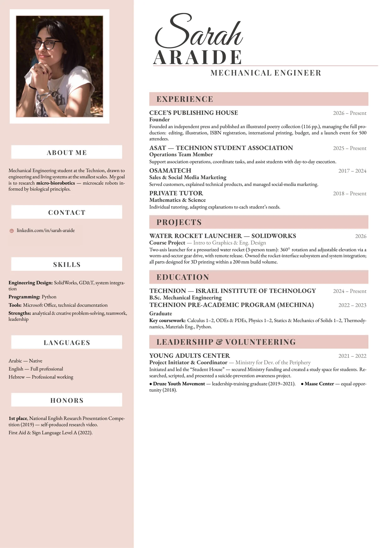 Preview of Sarah Araide’s one-page CV