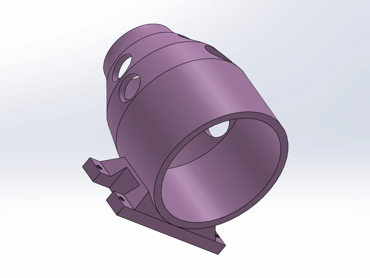 SolidWorks render of the bottle support: a housing with side holes and mounting feet